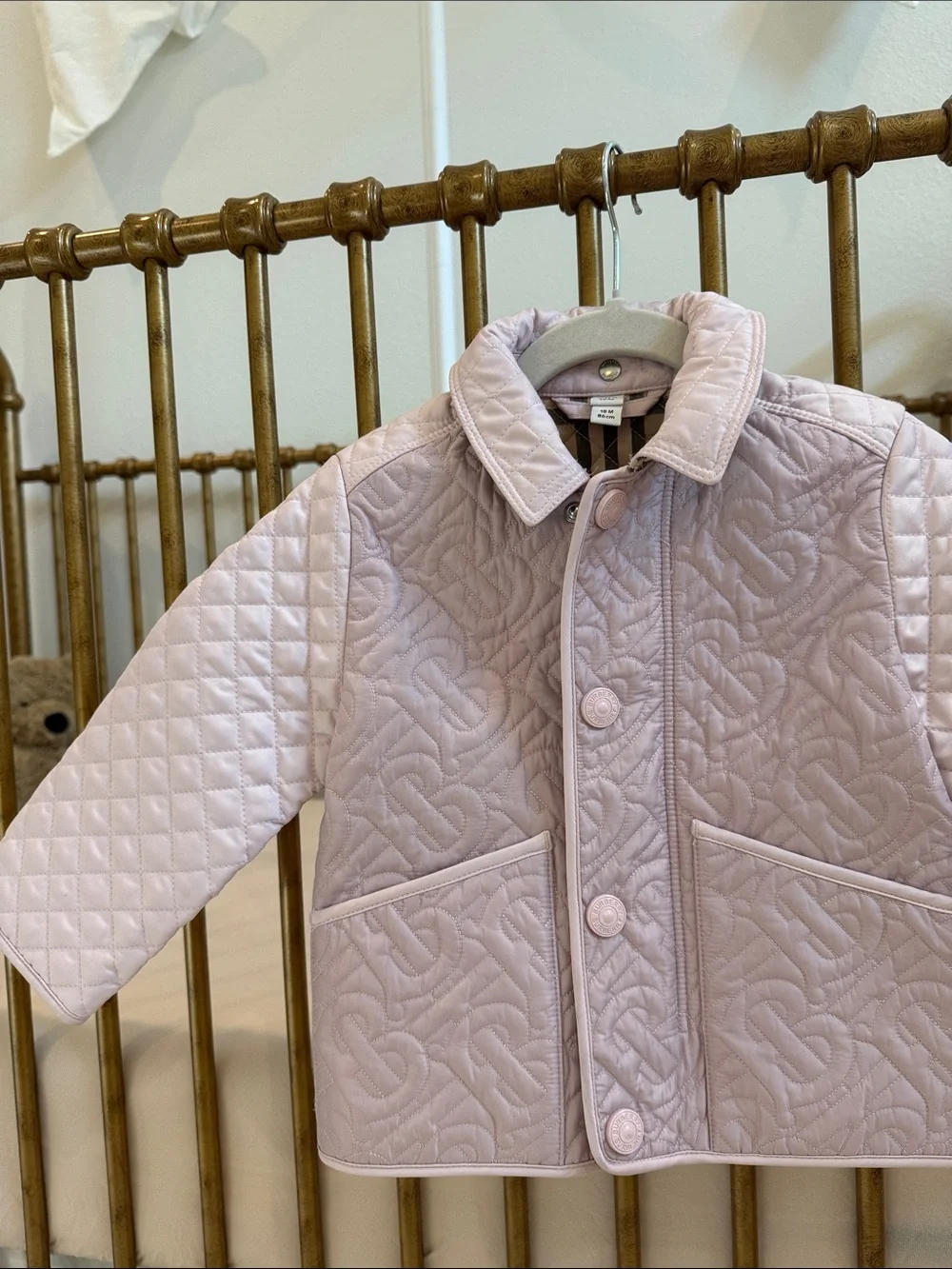 Burberry Light Pink Quilted Kids Coat with Patch Pockets